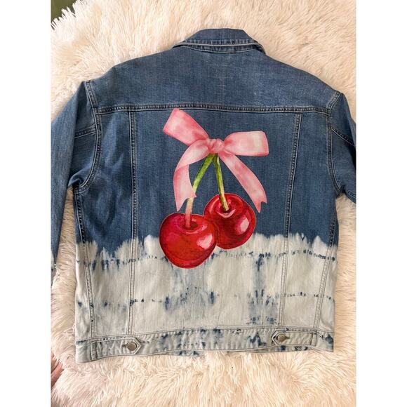L.T.J. Letter to Juliet Dip Dye Pink Bow Cherries Denim Jean Jacket Size Small - Picture 2 of 8
